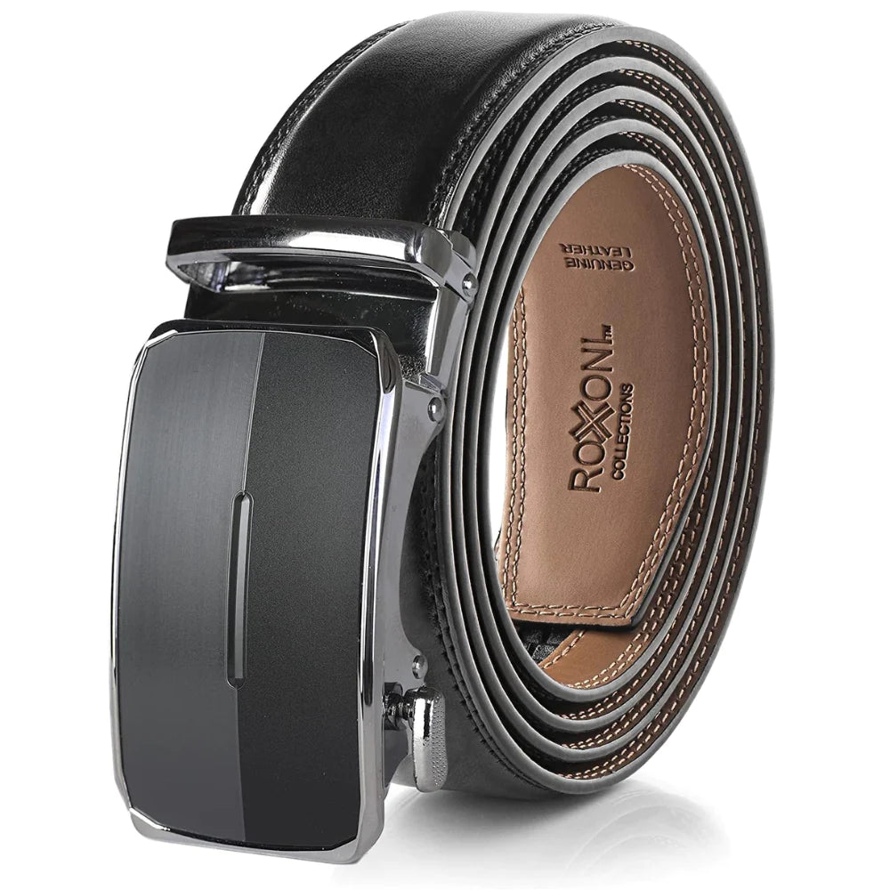 Roxoni Men's Ultra Soft Geniune Leather Rachet Rectangular Prism Dress Belt, Double Gloss Buckle
